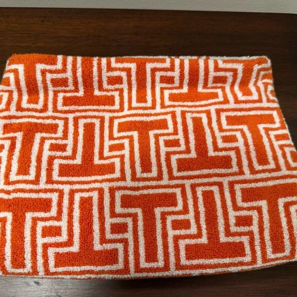 Tory Burch Orange and White T Patterned Cosmetic Bag Clutch NWT - Picture 3 of 9
